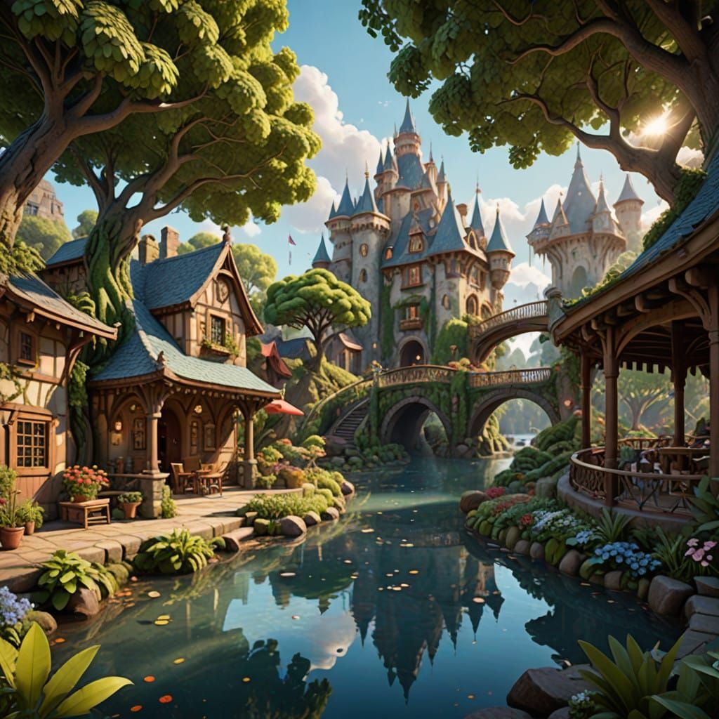Whimsical Community Oasis in Vibrant Digital Art