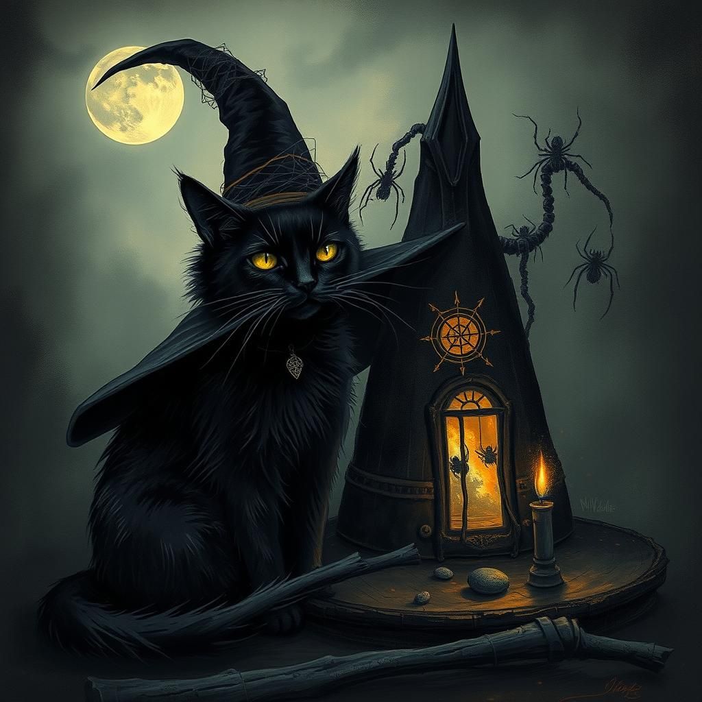 Black Cat and Witch Hat in Mystical Style