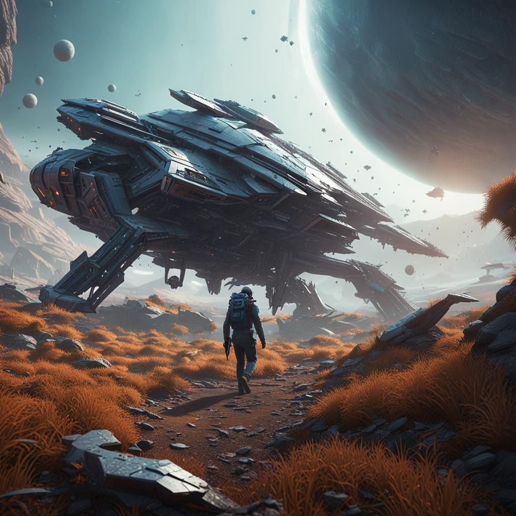 Vagrant Scavenging a Crashed Starship on Alien Planet