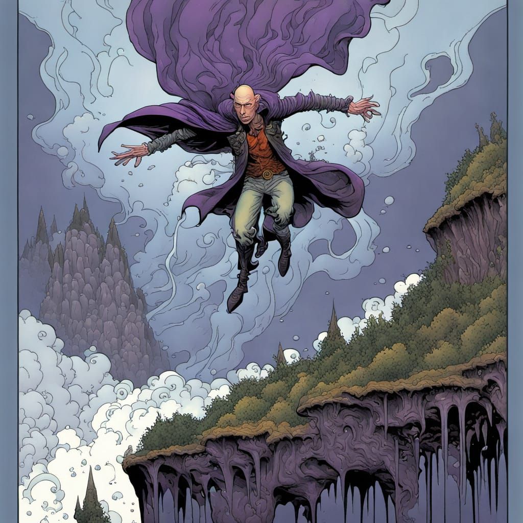 Eldritch Mage Conjuring Weather, Moebius Graphic Novel Style