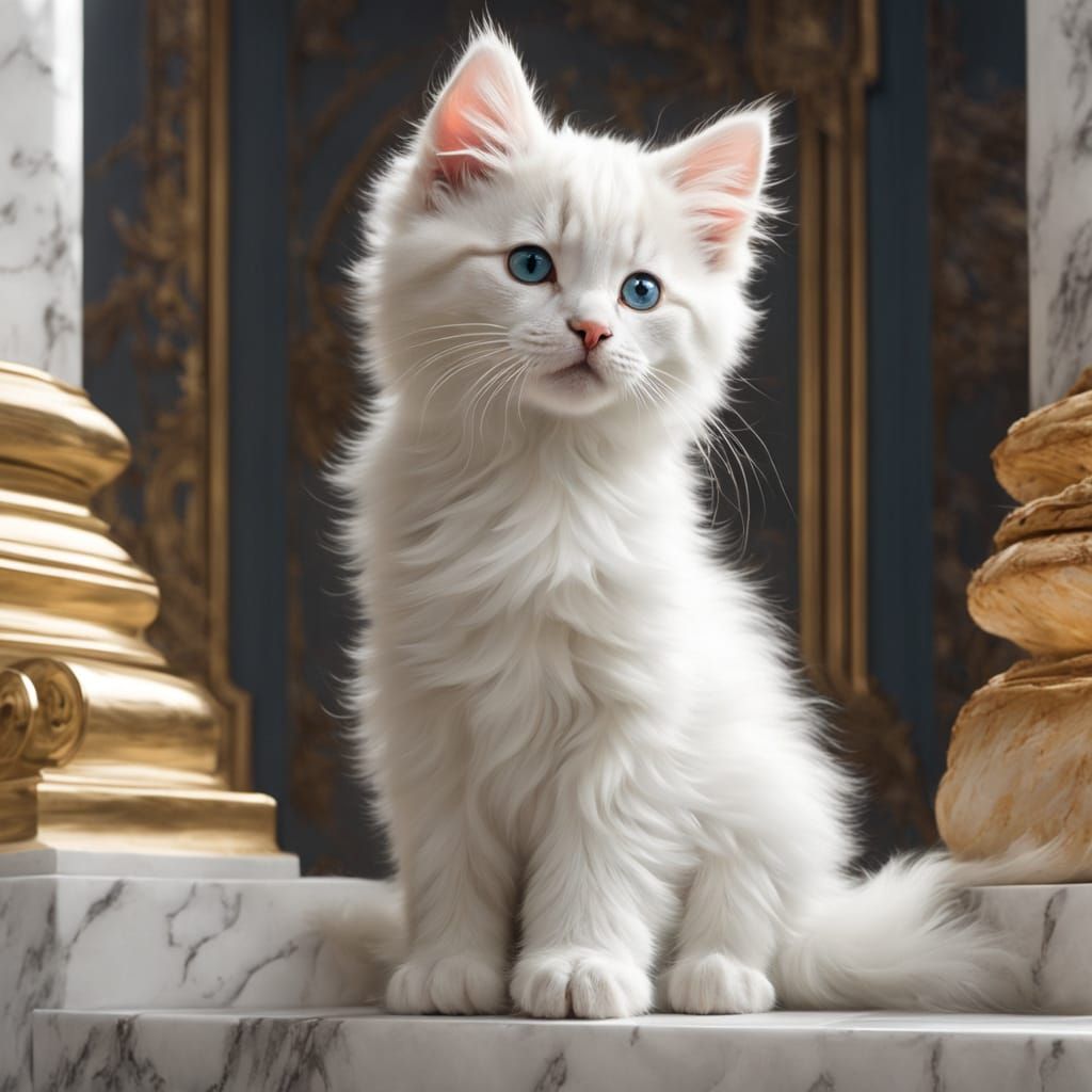 Whimsical Kitten Amidst Marble Pillars
