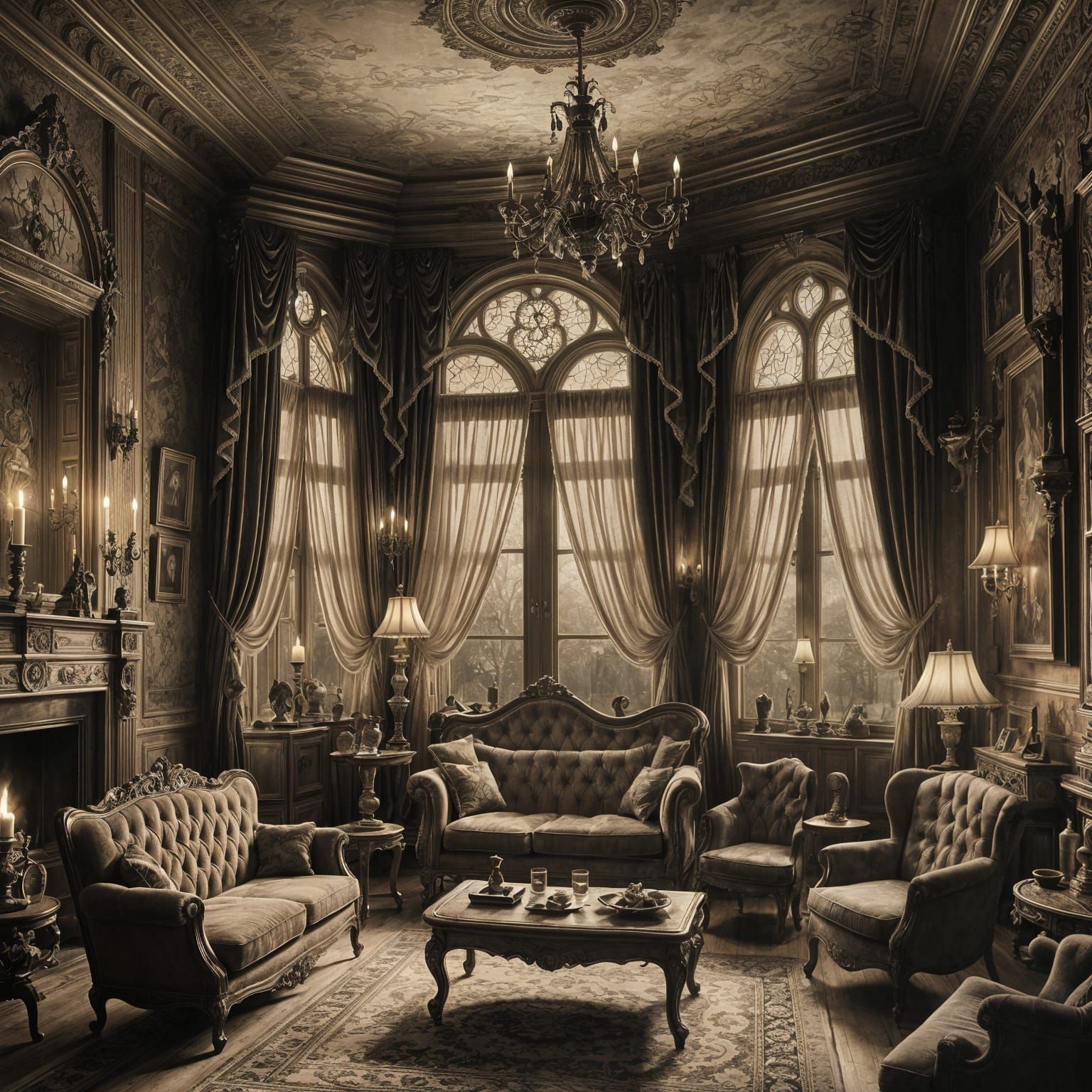 Vintage Victorian Parlor with Ghostly Apparition