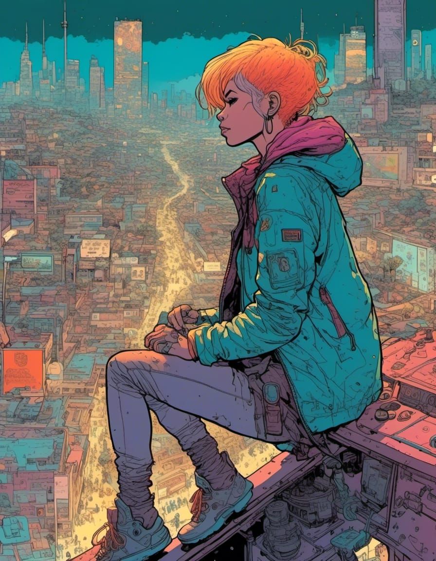 Cyberpunk Hacker on Floating Platform