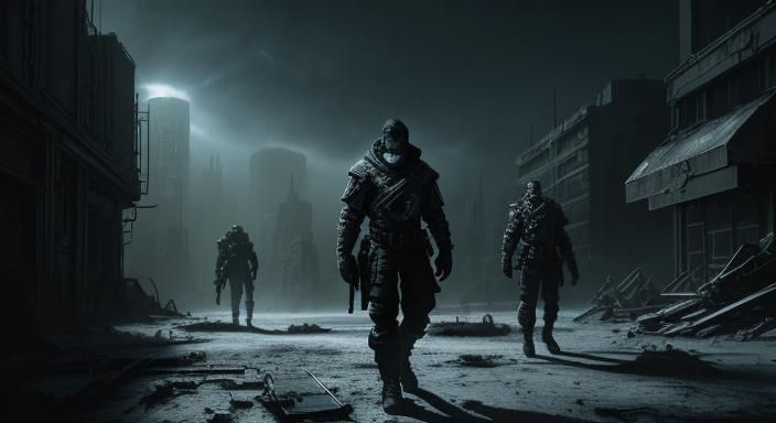 Gritty Sci-Fi Warriors in Ruined Cityscape