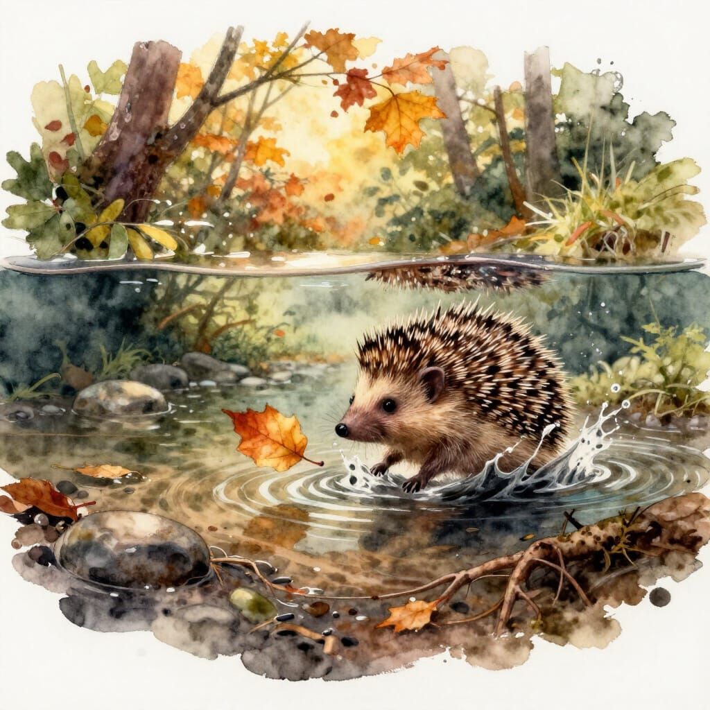 Hedgehog Chasing Leaf in Autumn Stream Watercolor