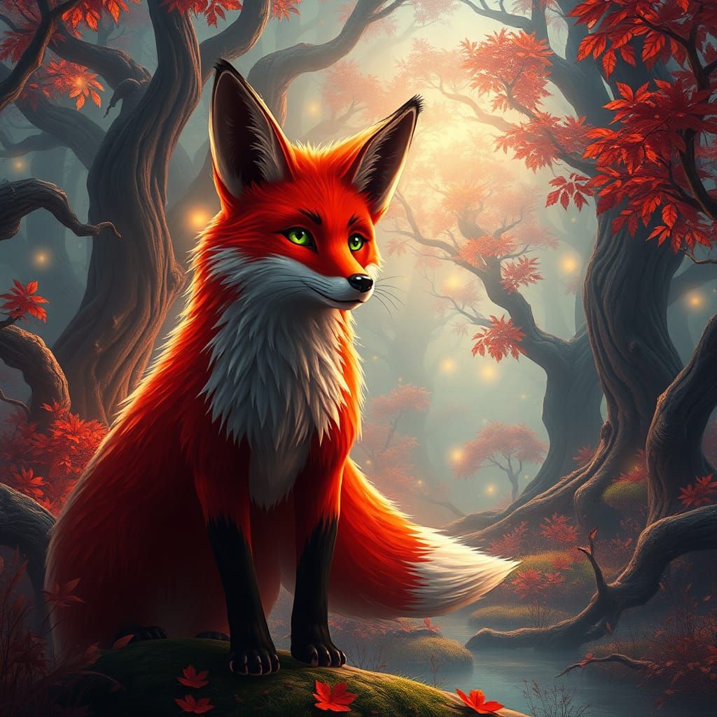 Red Fox in Mystical Forest, Fantasy Art