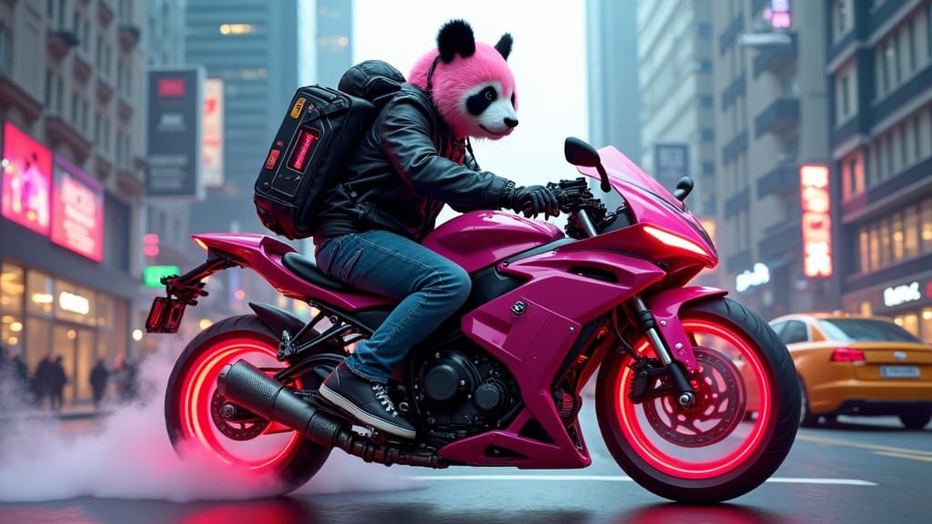 Pink Panda Rides Cyberpunk Motorcycle at Dusk