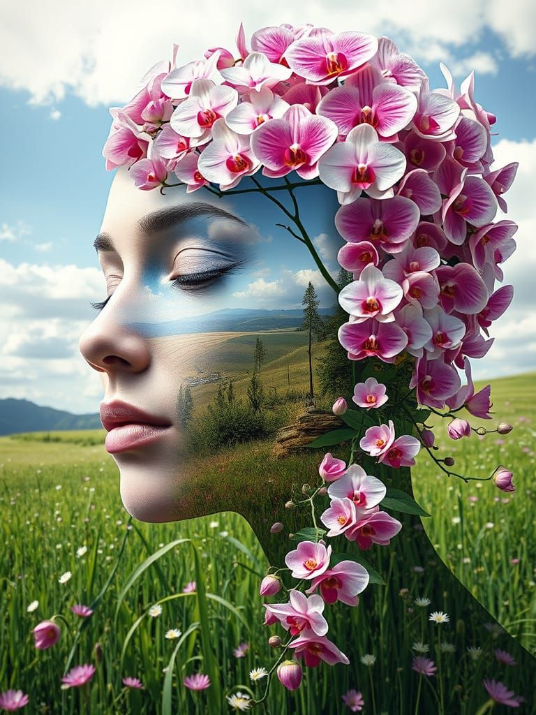 Orchid Meadow Portrait in Dreamlike Double Exposure