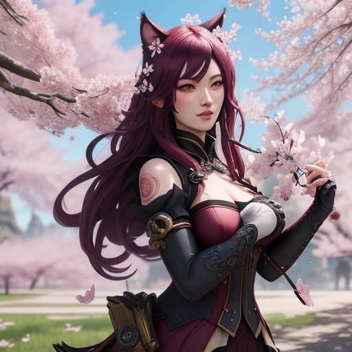 Catgirl Under Cherry Blossoms: Detailed Digital Painting