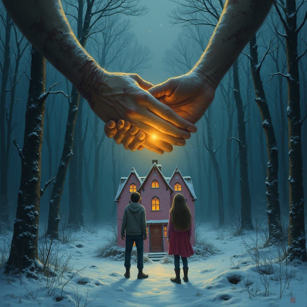 Surreal Winter Scene with Glowing Hands and Shattered Dollho...