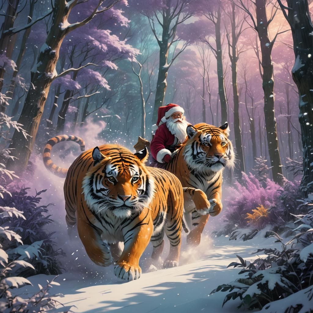 Santa Claus Rides Tiger in Mystical Forest