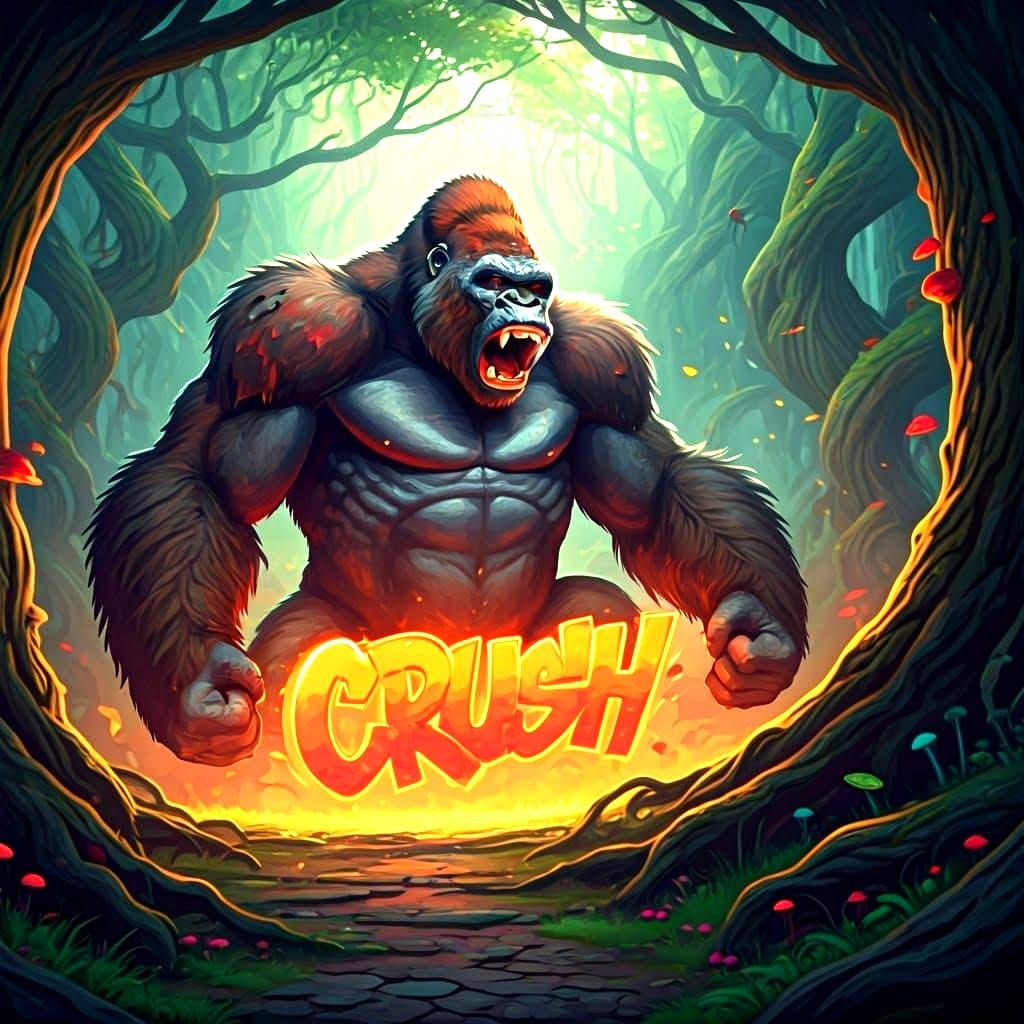 Gorilla Angrily Smashes "CRUSH": Detailed Matte Painting