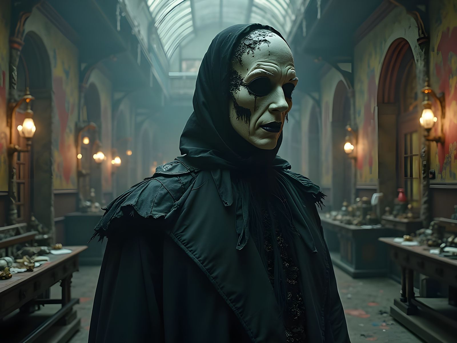 Spectral Figure Weeps Ink in Decaying Steampunk Lab