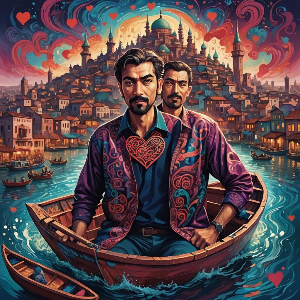 Heart Shirt Man in Cityscape, Matte Painting Style