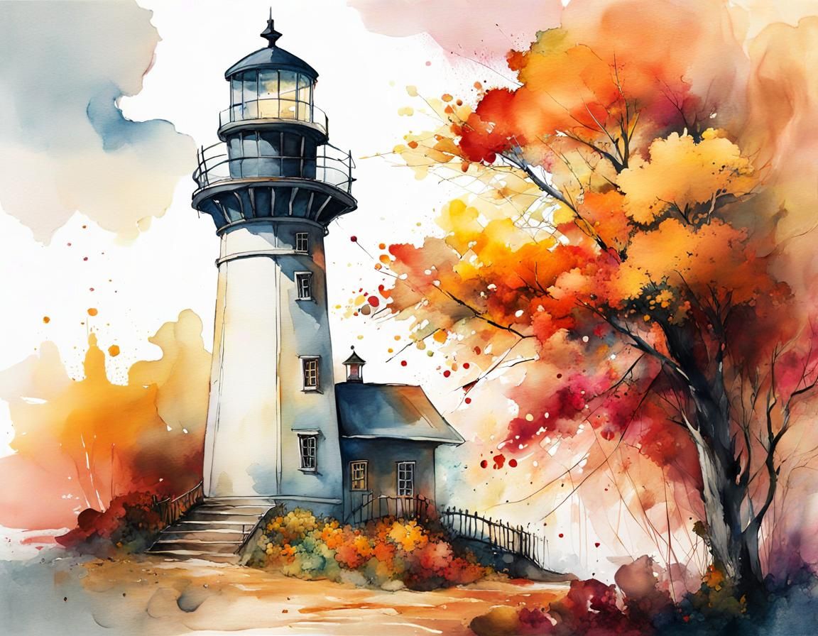 Autumn Lighthouse in Digital Watercolor Illustration