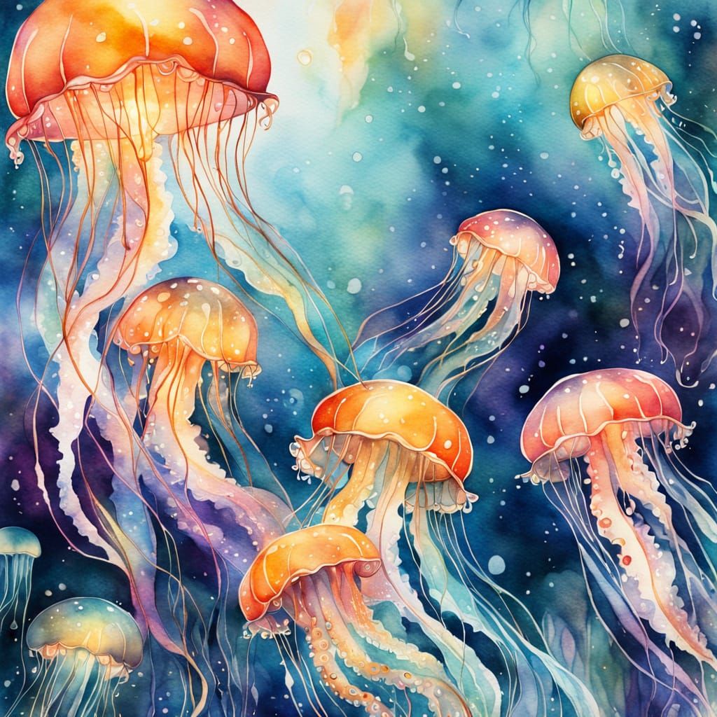 Shimmering Jellyfish in Watercolour with Golden Light