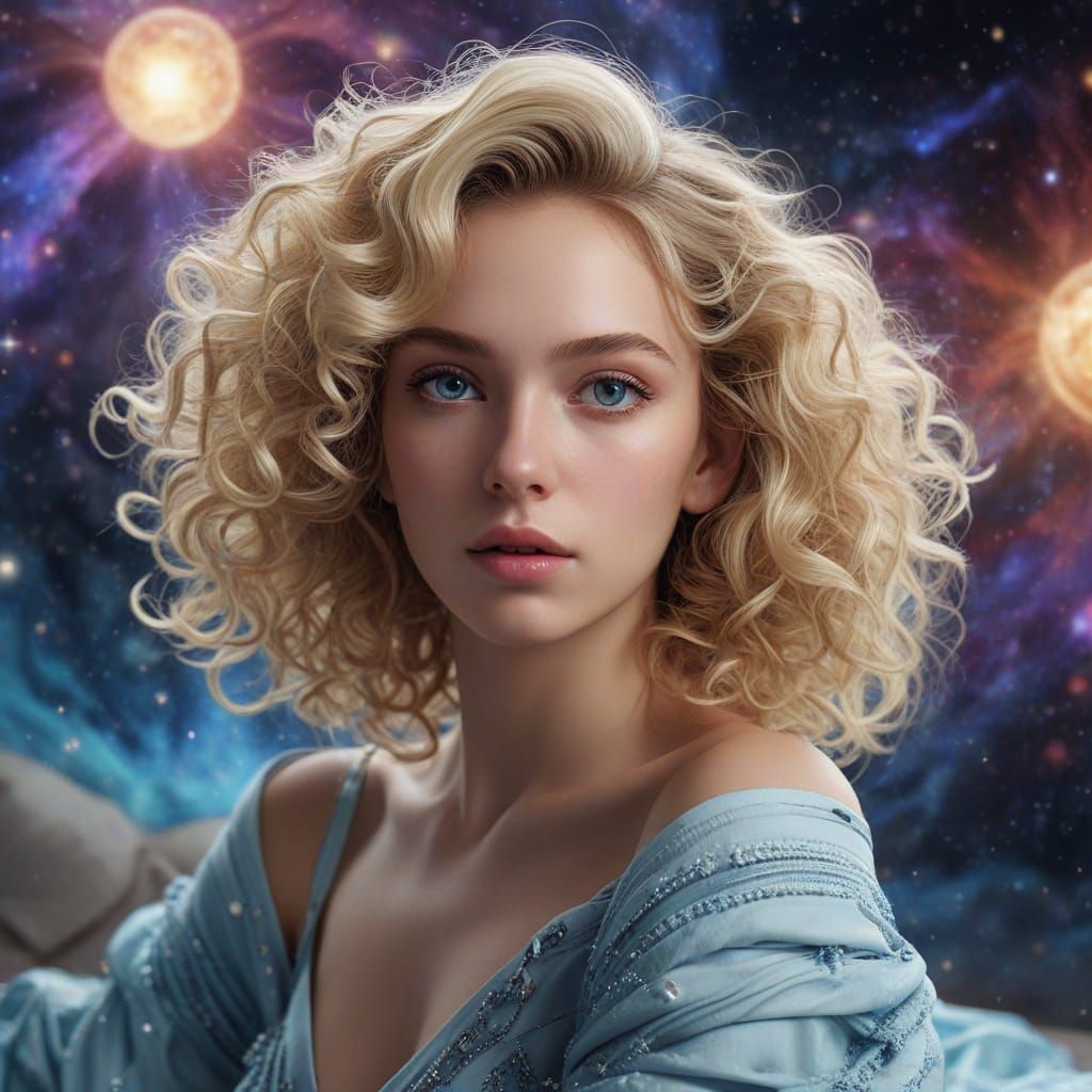 Pleiadian Woman in Haute Couture Amidst Nebulae