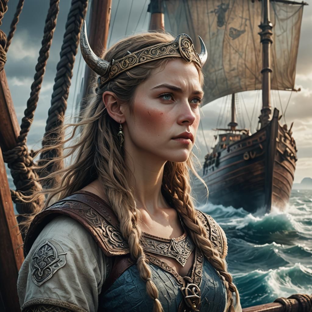 Viking Beauty on Ship: Neo-Impressionist Seascape