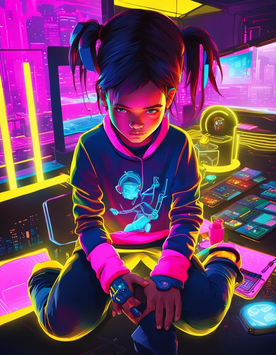Cyberpunk Girl in Dreamlike Sci-Fi Bedroom