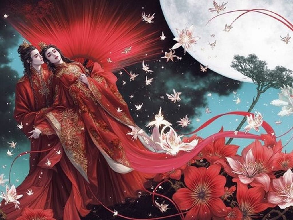 Ethereal Chinese Fantasy Scene in Traditional Red Wedding Ro...