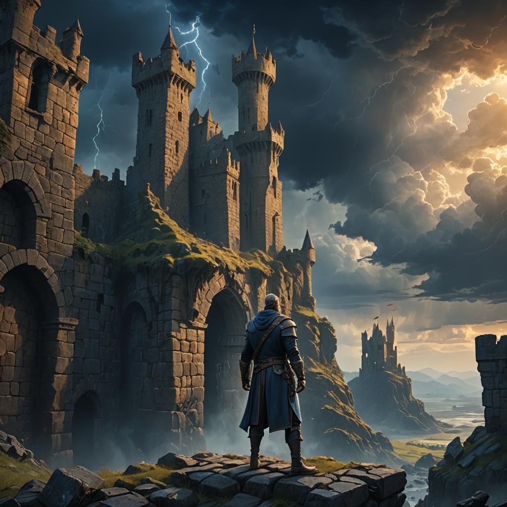 King Hugo Gazing at Stormy Landscape, Fantasy Art