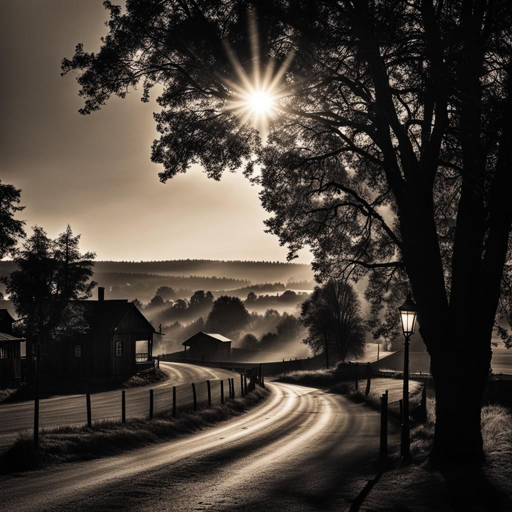 Black and White Sunrise Over Small Town