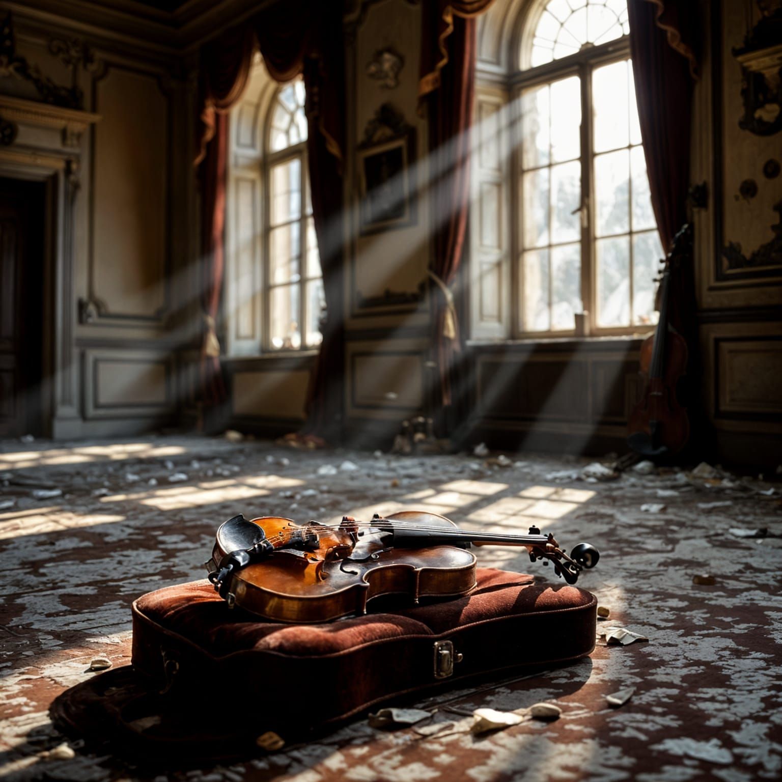 Antique Violin on Velvet in Dusty Ballroom