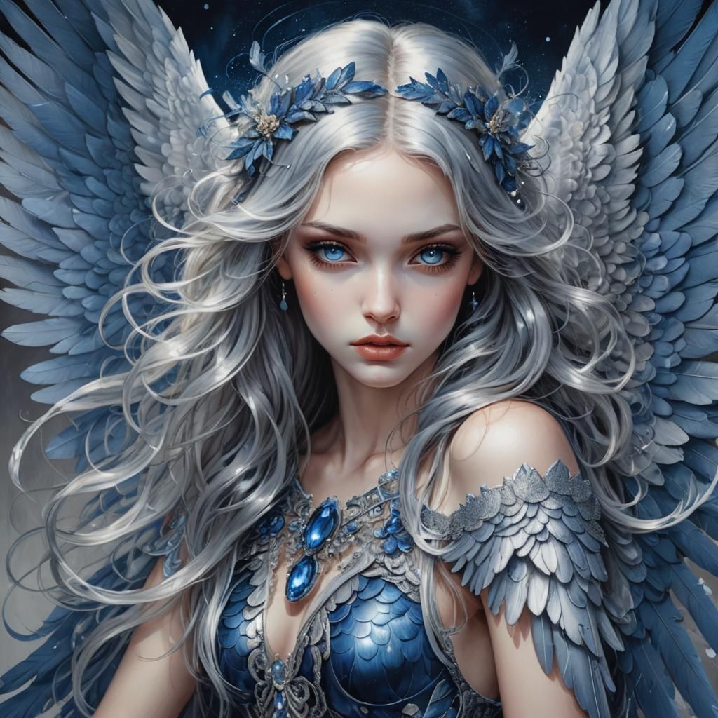 Stunning Blue Angel Portrait in Ink Art Style