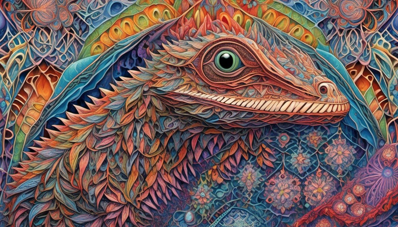 Fractal Frilled Lizard with Quantum Zentangle Shading