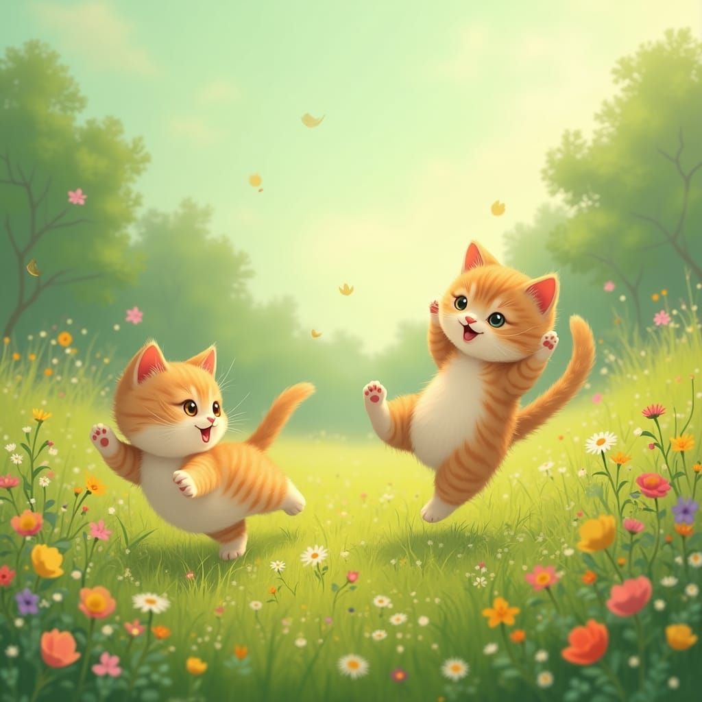 Kittens Playing in Meadow, Storybook Illustration