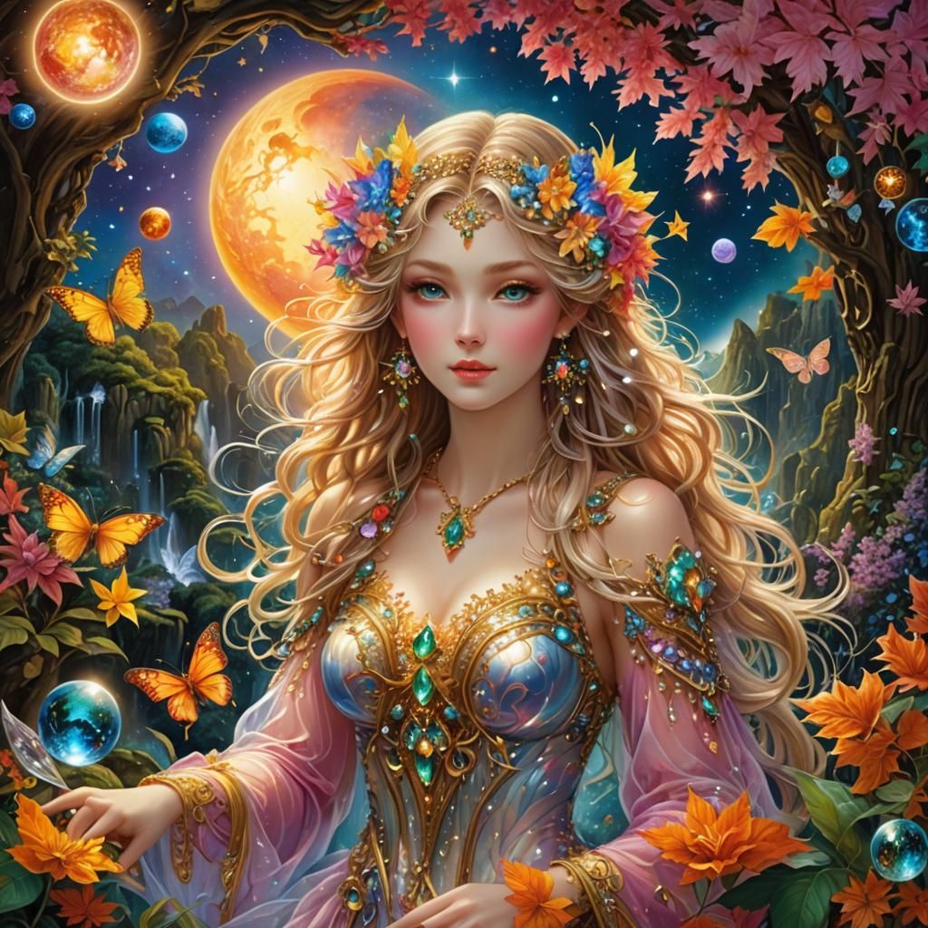 Fairy with Wings and Crystal Waterfall