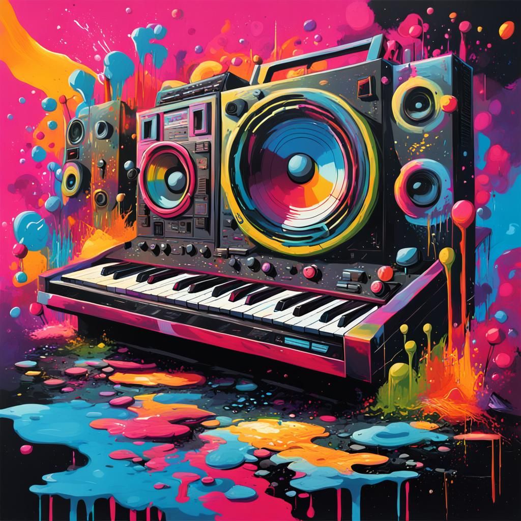 Musicians with Synthesizers in Graffiti Splash Art Style