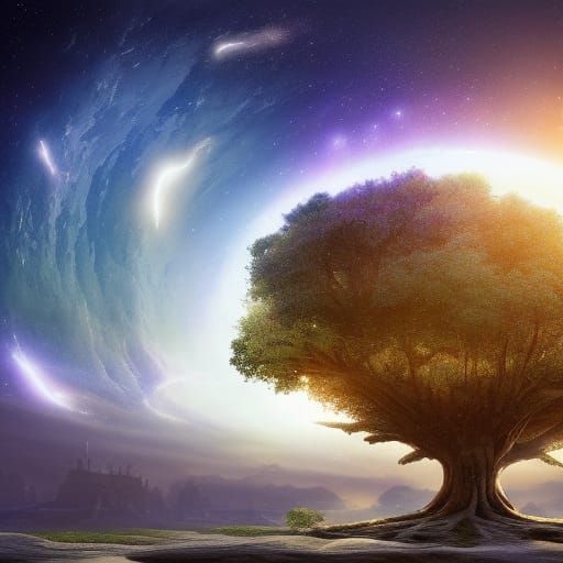 Luminous Tree of Life Under Meteor Sky