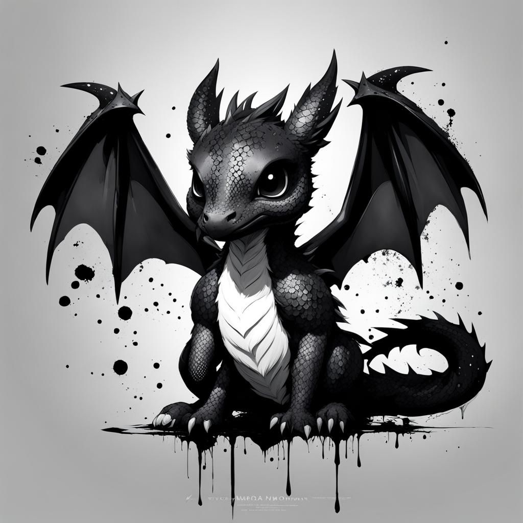 Cute Chibi Dragon with Ink Splatters