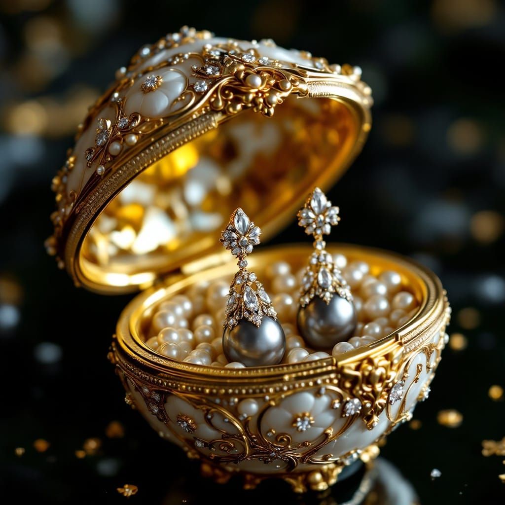 Bejeweled Fabergé jewelry box with black-pearl earrings