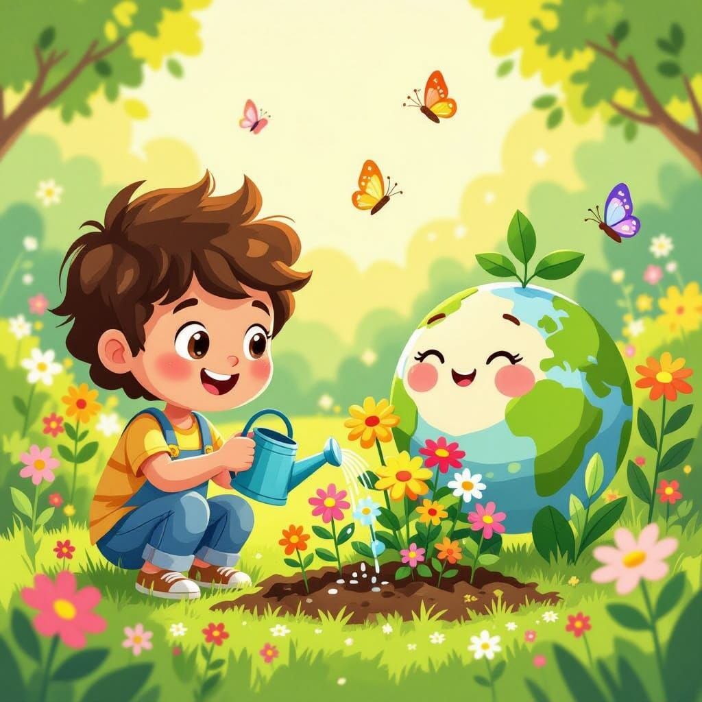 Child Waters Plants Beside Smiling Earth in Cinematic Style