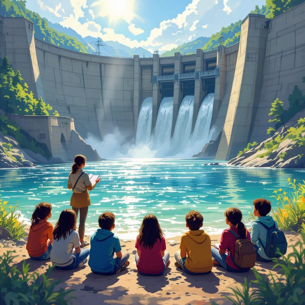 Students Learn by Hydroelectric Dam in Illustrative Style