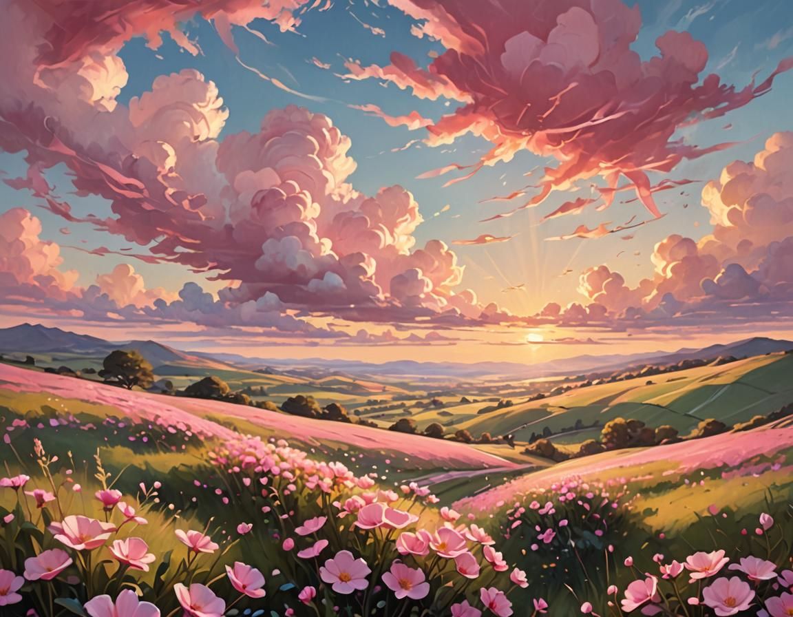 Pink Whimsical Landscape in Oil Painting Style