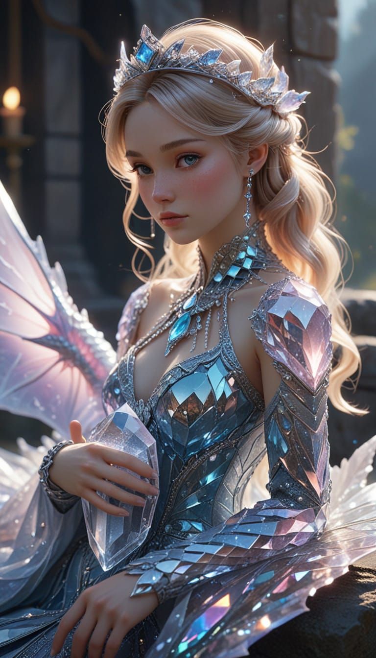 Serene Princess Holds Crystal with Sleeping Baby Dragon