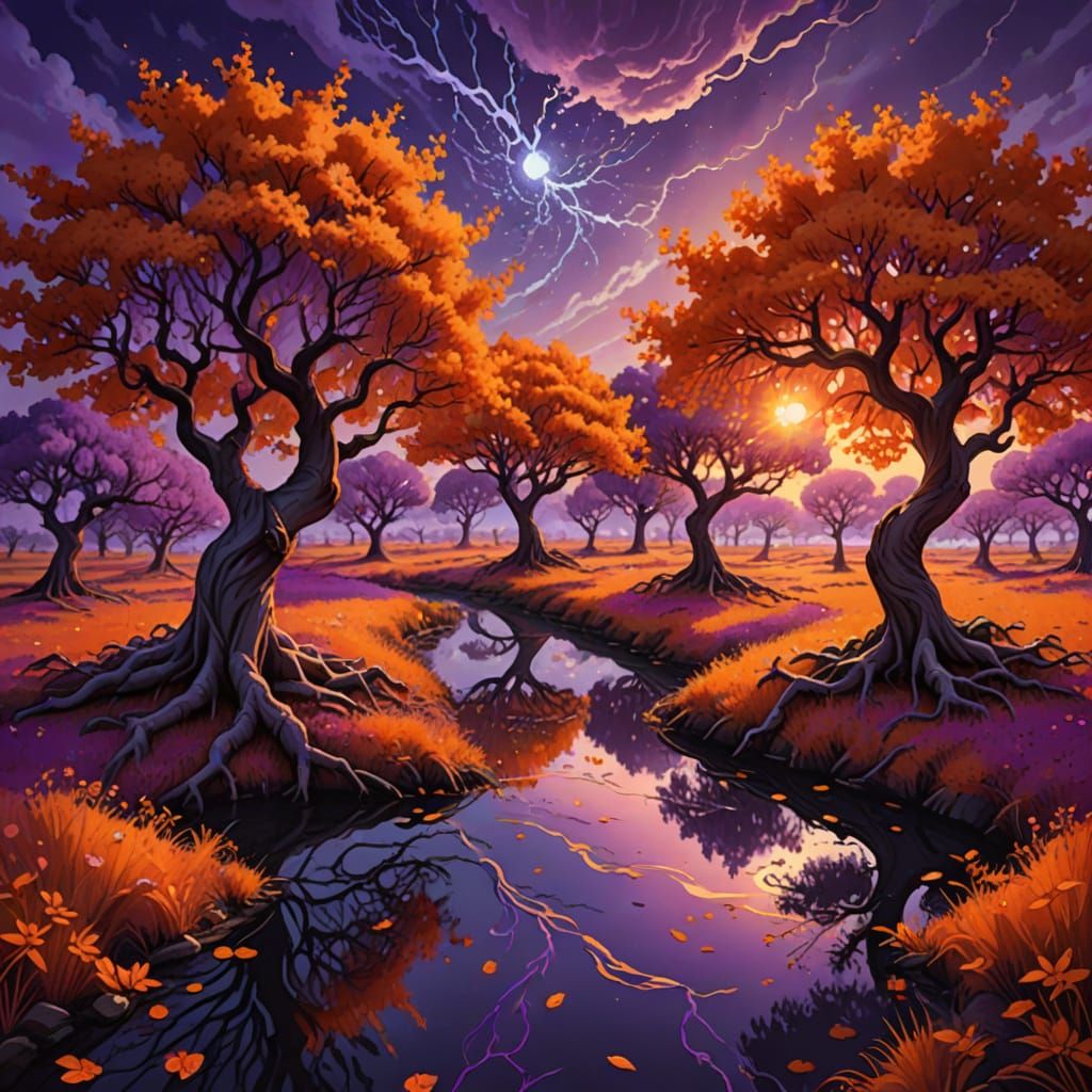 Vibrant Fantasy Orchard Under Swirling Twilight Skies