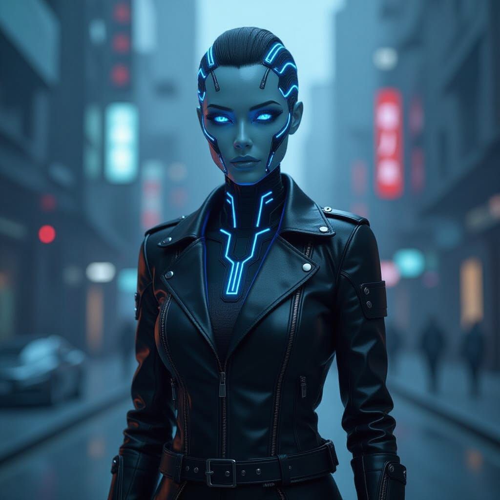 Metallic Humanoid in Cyberpunk Cityscape