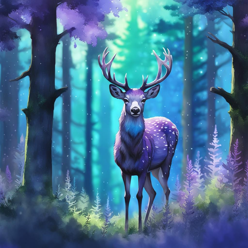 Gray Deer in Evergreen Forest Watercolor Concept