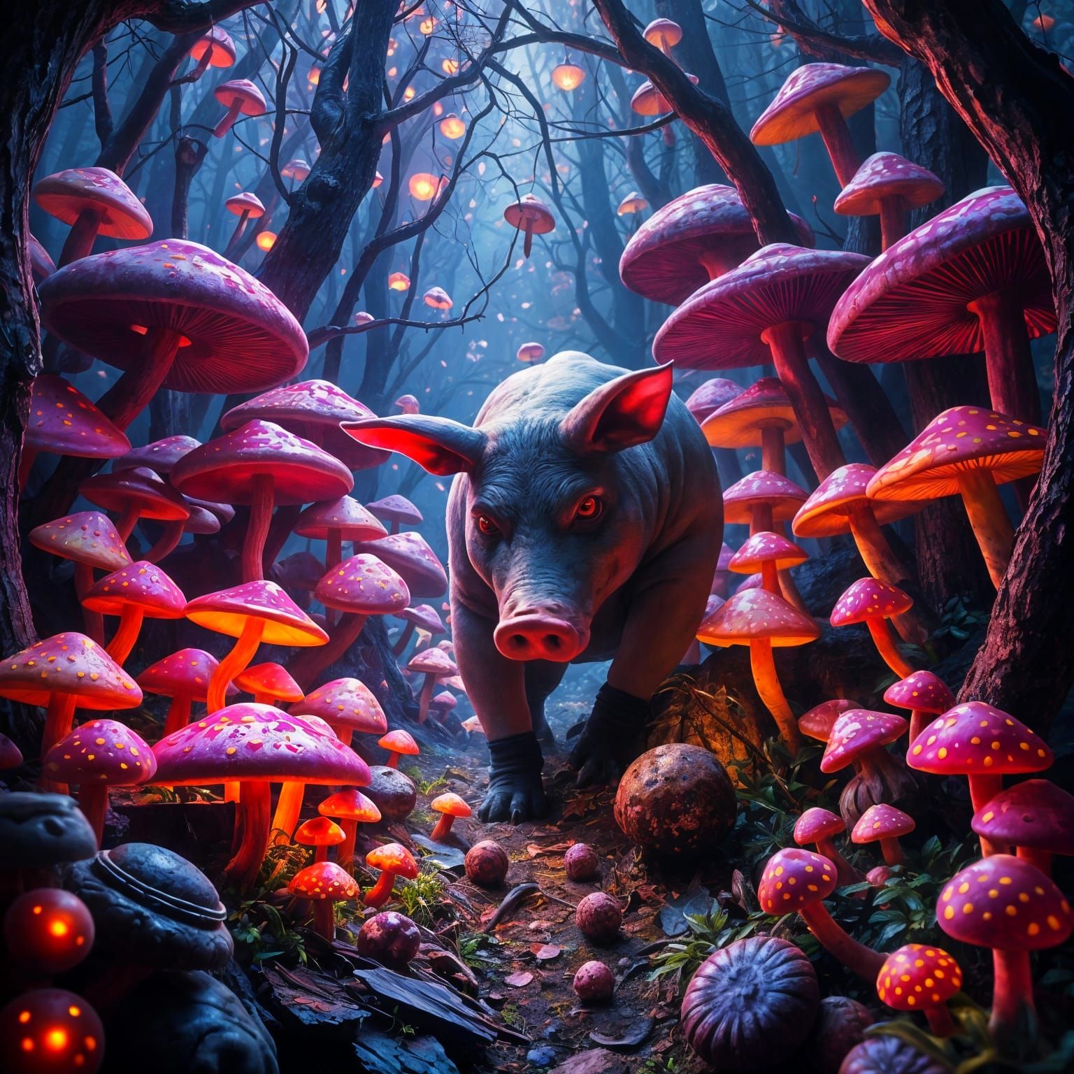 Psychedelic Truffle Hunt in a Mushroom Forest