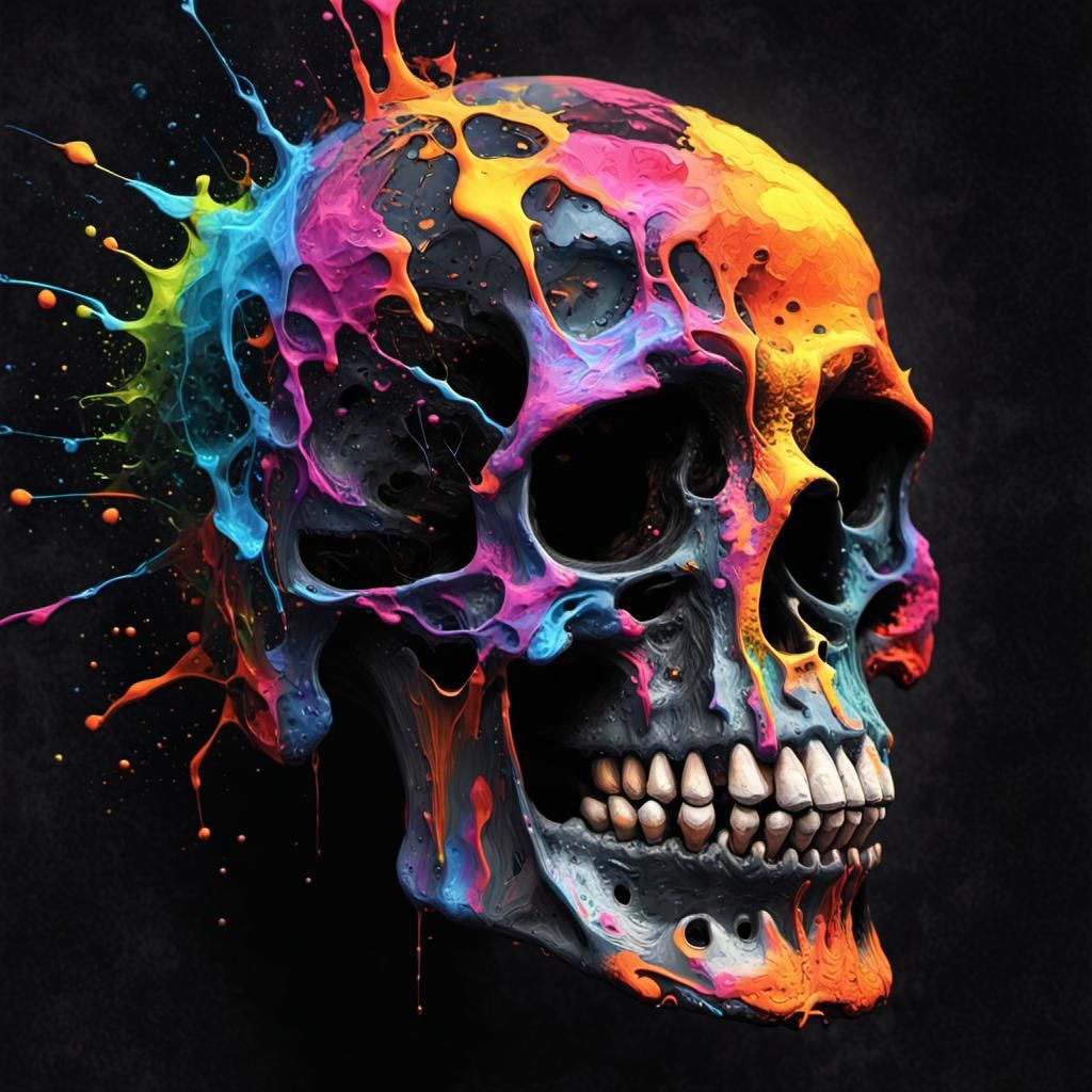 Vibrant Neon Skull in Gothic Splatter Art