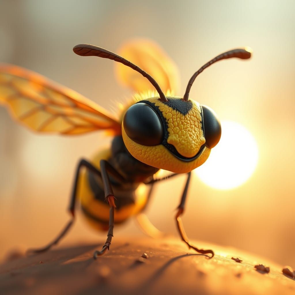 Whimsical 3D Cartoon Wasp in Macro Photo