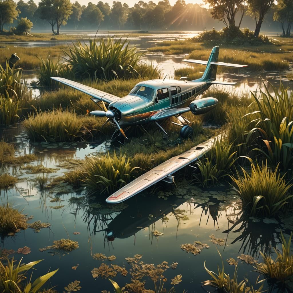 Airplane Crash in Grassy Swamp: Matte Painting