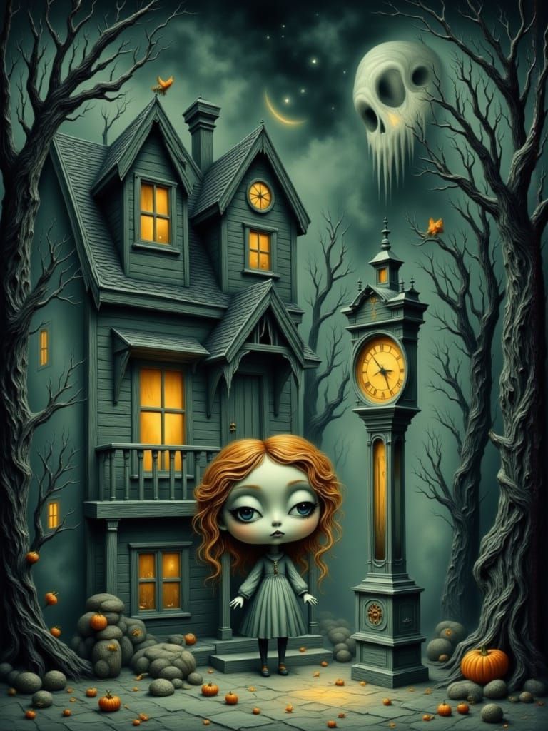 Gothic Storybook Illustration of a Girl with Ghosts
