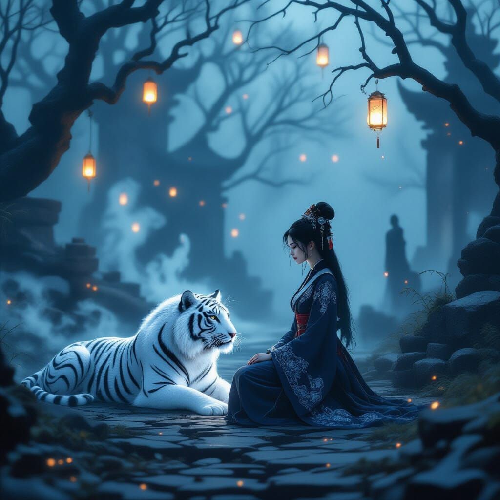 Princess and Glowing Tiger in Misty Forest