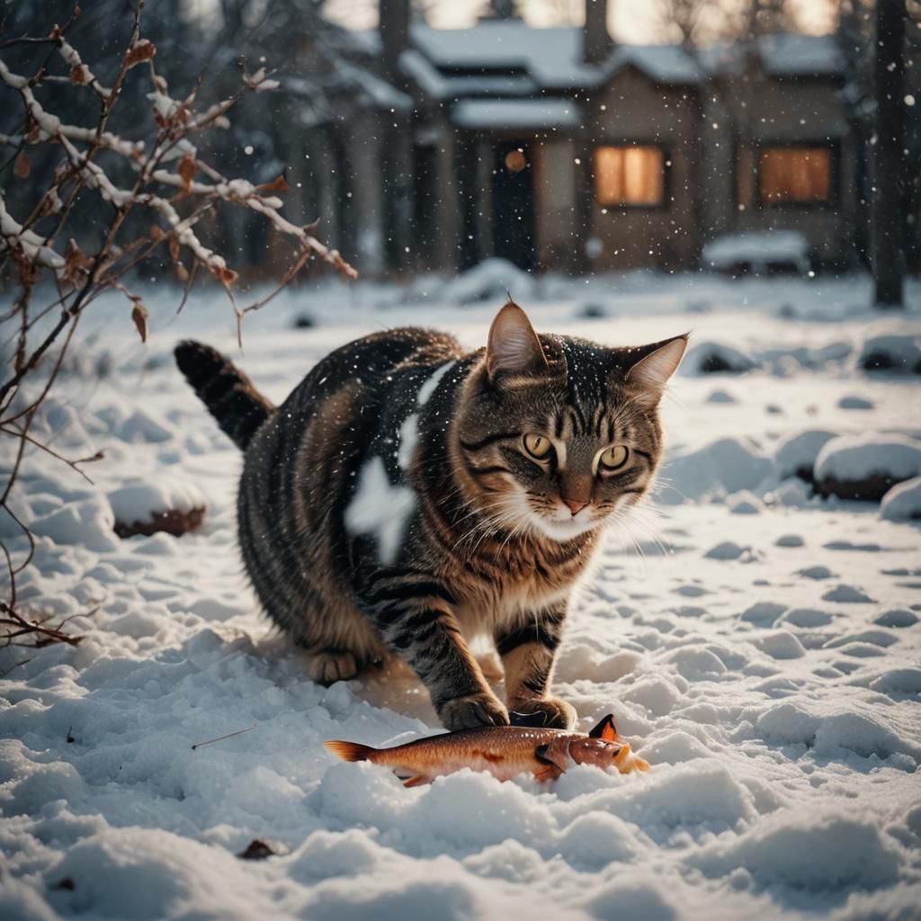Cat Eating Fish in Snow: Cinematic Film Still