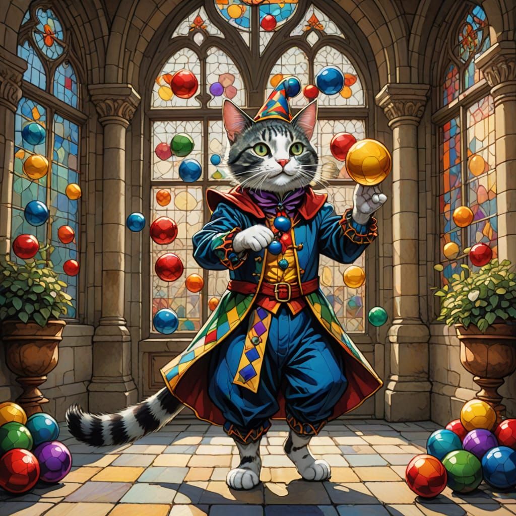 Jester Cat Juggling in Castle Courtyard, Storybook Style